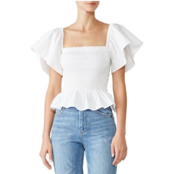 Natori Smocked Crop Top White Puff Sleeves Size Small Ribbed Josie Square Neck S - Picture 1 of 12